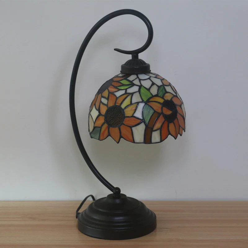 Nachtlampje met 1 lamp, Mediterraan zonnebloem-glas--lood, nachtkastje donkere koffie met draaiarm Clearhalo