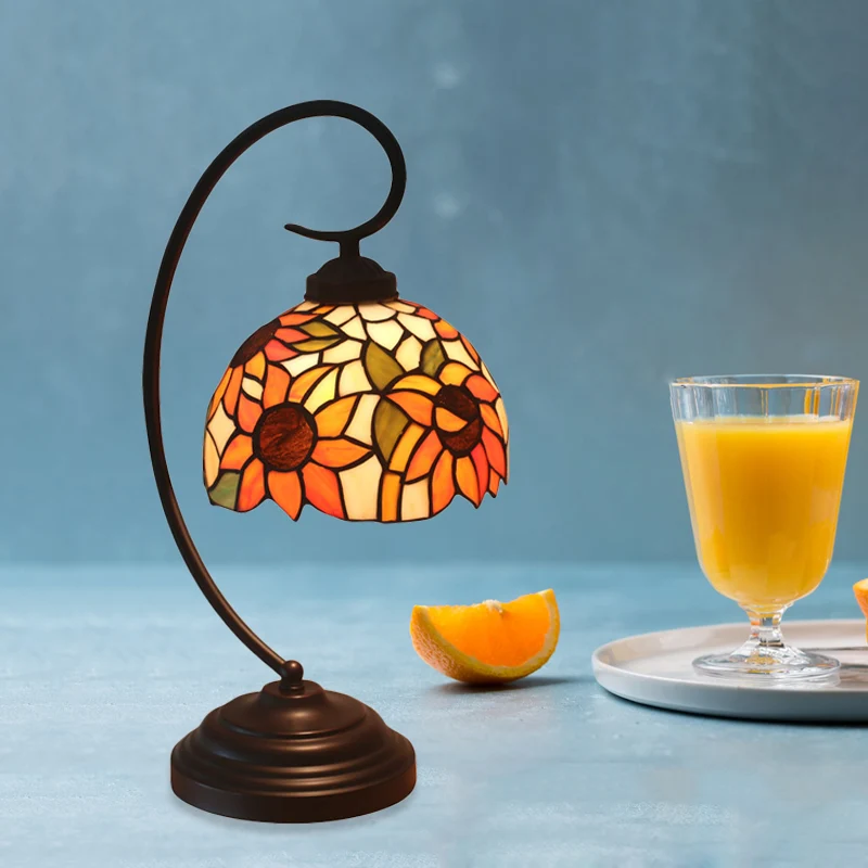 Nachtlampje met 1 lamp, Mediterraan zonnebloem-glas--lood, nachtkastje donkere koffie met draaiarm Clearhalo