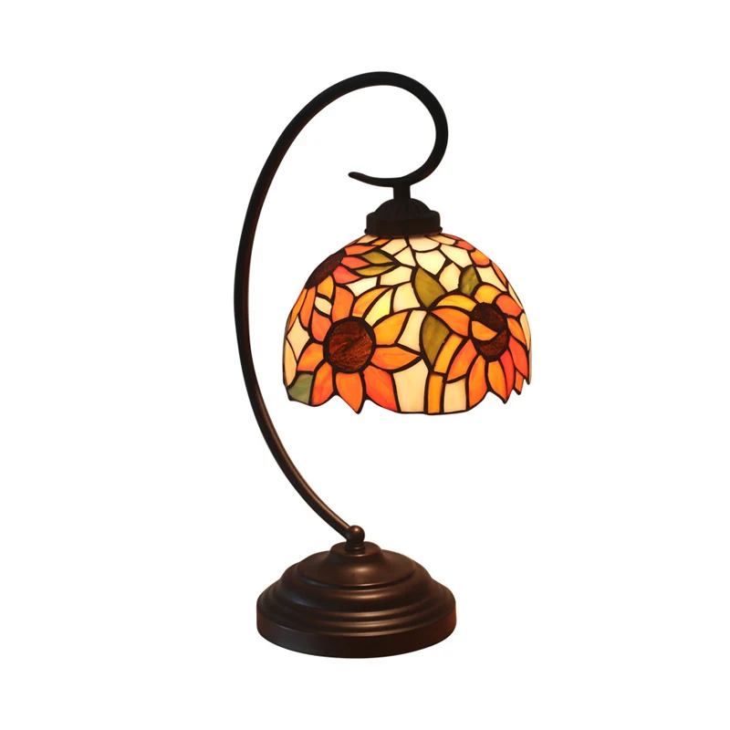Nachtlampje met 1 lamp, Mediterraan zonnebloem-glas--lood, nachtkastje donkere koffie met draaiarm Clearhalo