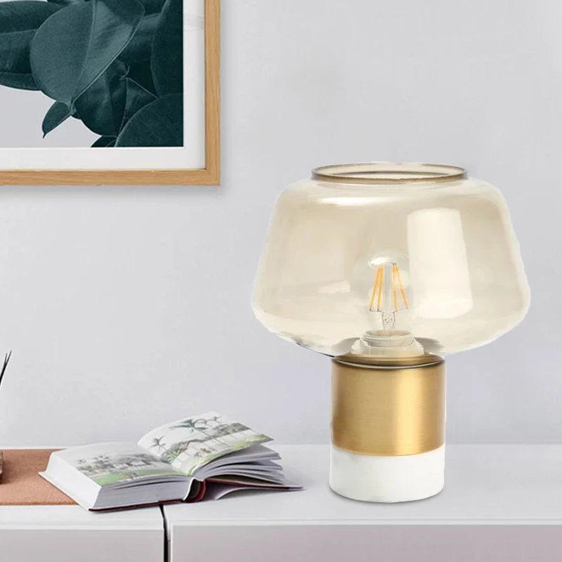 Nachtlampje van helder glas met open bovenkant, moderne 1-kops gouden plug- tafellamp met ronde wit/groene marmeren voet C...