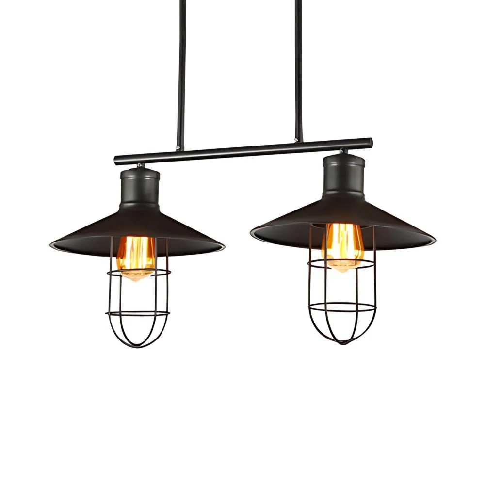 Nautical Saucer Island Lighting 2/3 kops metalen hanglamp met draadkooikap zwart boven tafel Clearhalo
