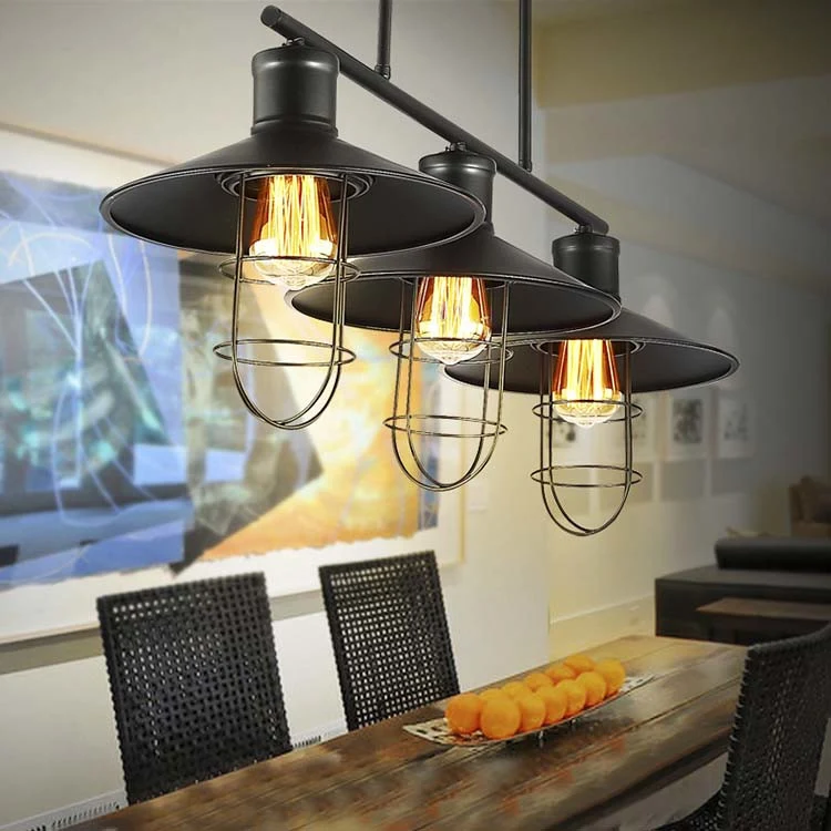Nautical Saucer Island Lighting 2/3 kops metalen hanglamp met draadkooikap zwart boven tafel Clearhalo