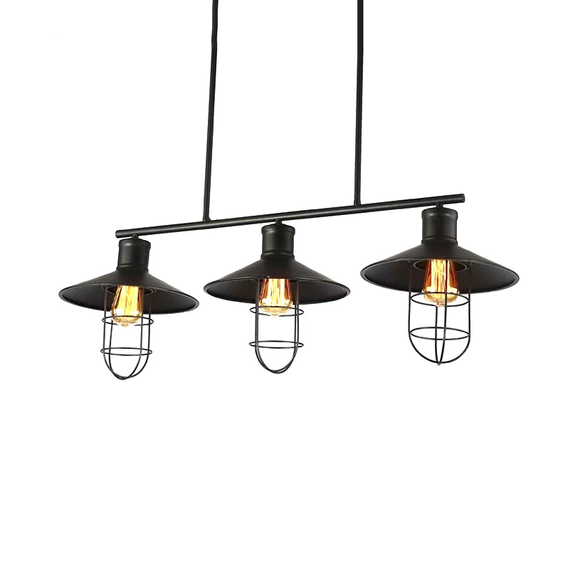 Nautical Saucer Island Lighting 2/3 kops metalen hanglamp met draadkooikap zwart boven tafel Clearhalo