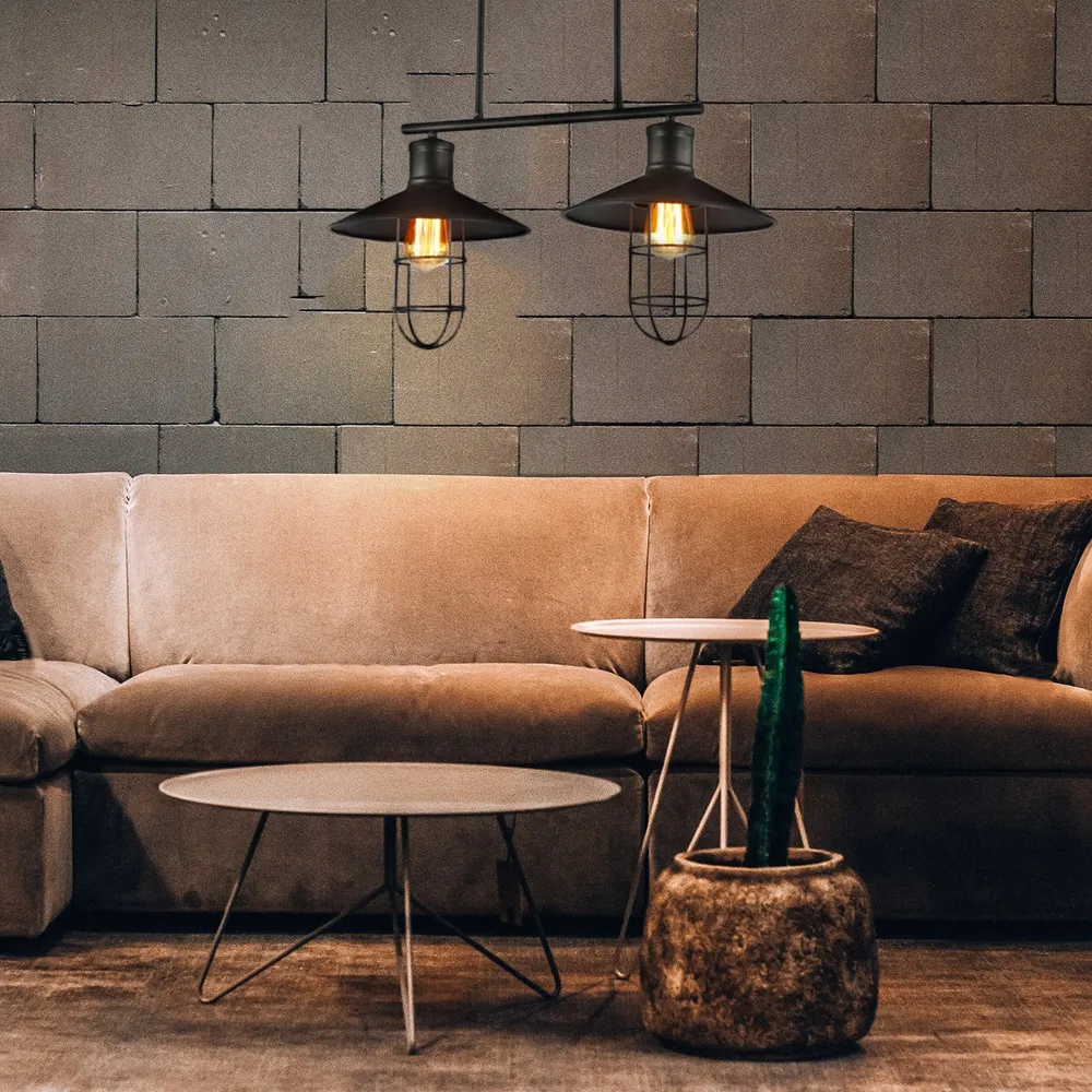 Nautical Saucer Island Lighting 2/3 kops metalen hanglamp met draadkooikap zwart boven tafel Clearhalo