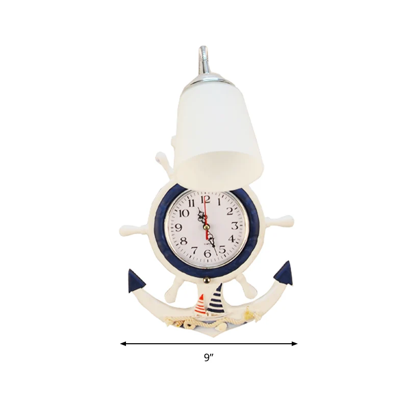 Nautische stijlvolle roerwandlamp met klok 1 lichthouten en glazen wandkandelaar wit voor babykamer Clearhalo