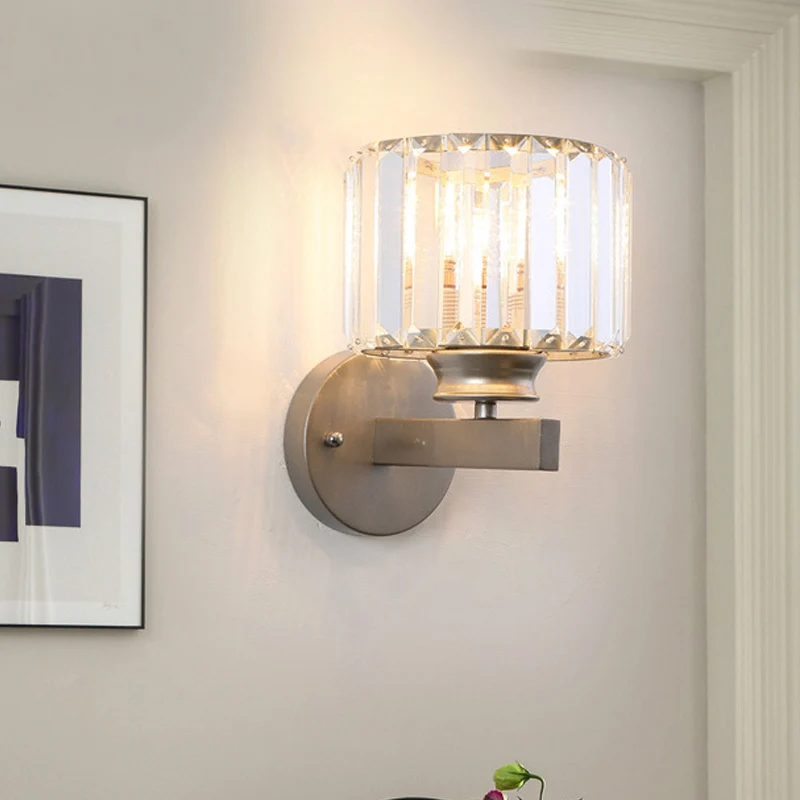 Nikkel Drum Sconce Light Wall Contemporary 1 Light Crystal Wandgemonteerde verlichting voor slaapkamer Clearhalo