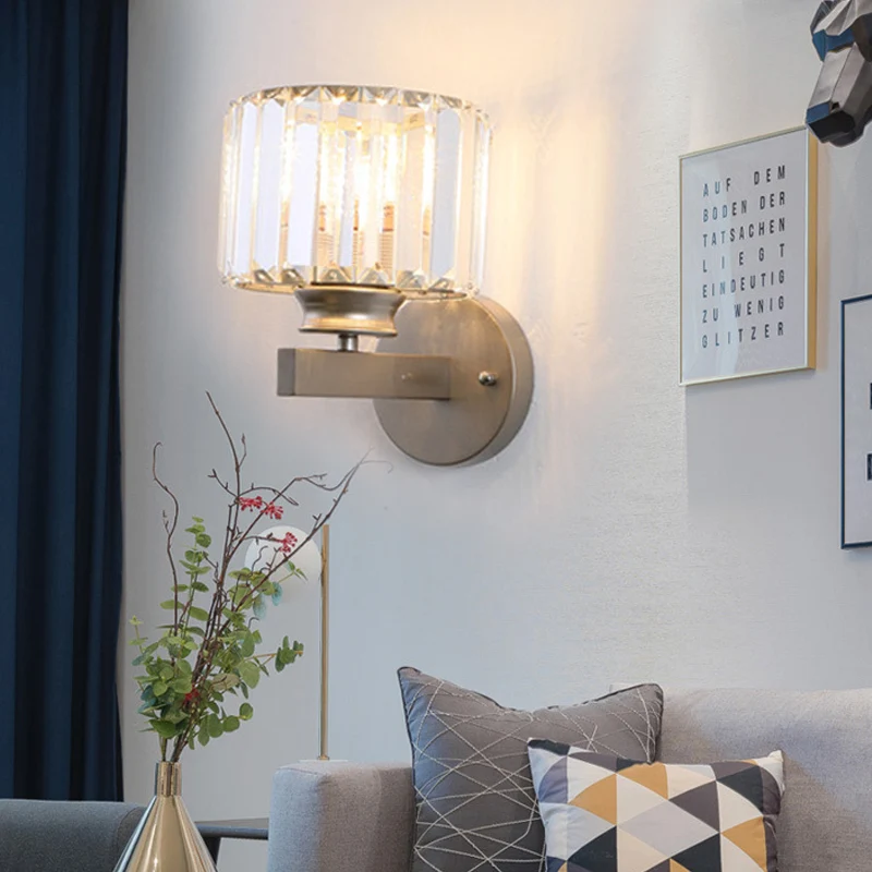Nikkel Drum Sconce Light Wall Contemporary 1 Light Crystal Wandgemonteerde verlichting voor slaapkamer Clearhalo