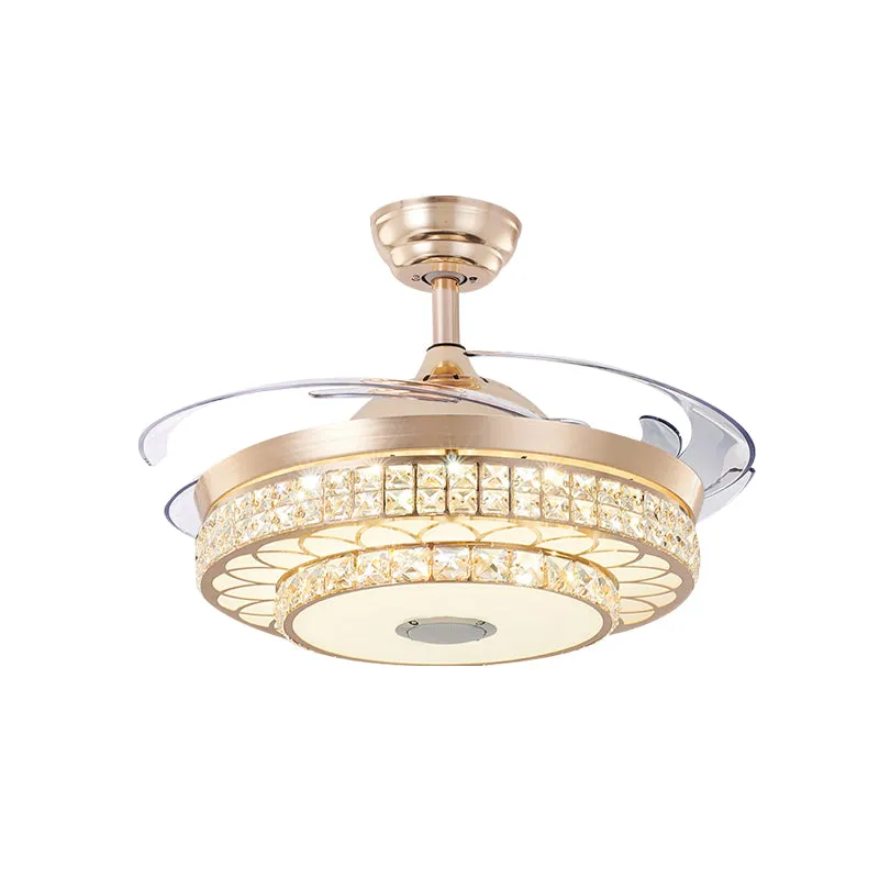 2 niveaus salon LED-plafondventilator licht modern kristal 3 bladen goud semi-inbouwmontage, 42,5 "breed Clearhalo
