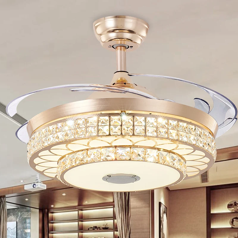 2 niveaus salon LED-plafondventilator licht modern kristal 3 bladen goud semi-inbouwmontage, 42,5 "breed Clearhalo