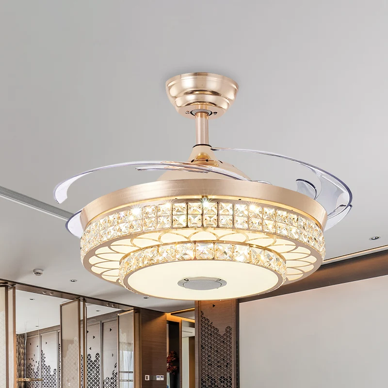 2 niveaus salon LED-plafondventilator licht modern kristal 3 bladen goud semi-inbouwmontage, 42,5 "breed Clearhalo