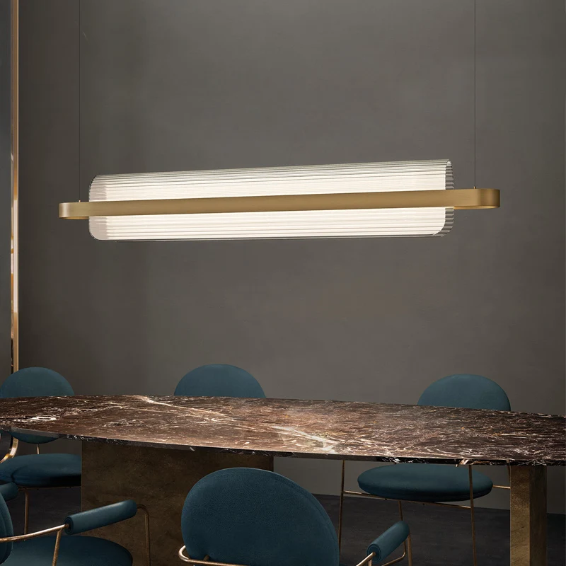 Noordse lineaire eilandlamp acryl eetkamer LED hanglamp goud Clearhalo