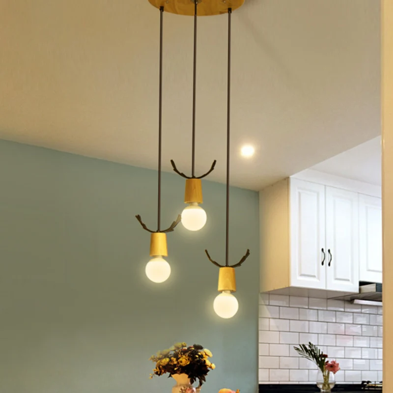 Nordic Antler Meerdere Hanglampen Houten 3-Licht Restaurant Plafondhanger met Open Lampontwerp Clearhalo