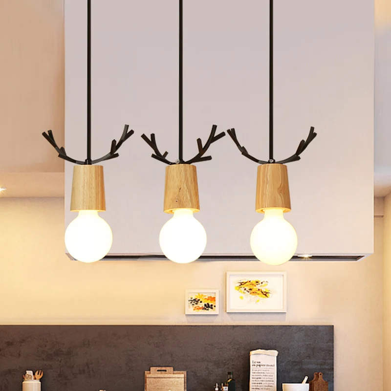 Nordic Antler Meerdere Hanglampen Houten 3-Licht Restaurant Plafondhanger met Open Lampontwerp Clearhalo