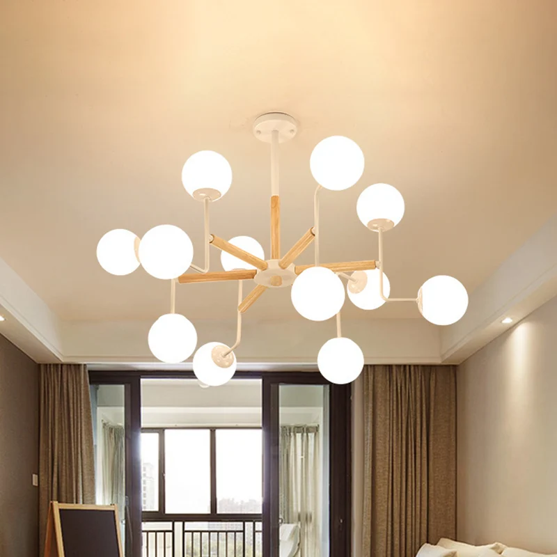 Nordic Starburst Houten Plafondmontage Licht 12 Hoofden Semi Flush Kroonluchter Wit met Bal Melkachtige Glazen Kap Clearhalo