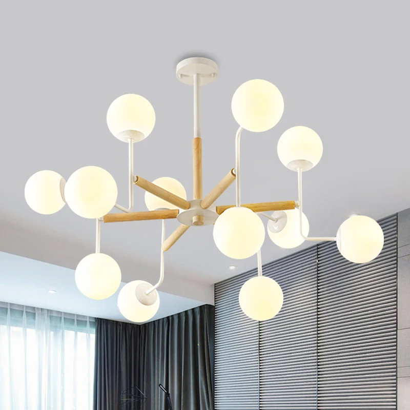 Nordic Starburst Houten Plafondmontage Licht 12 Hoofden Semi Flush Kroonluchter Wit met Bal Melkachtige Glazen Kap Clearhalo