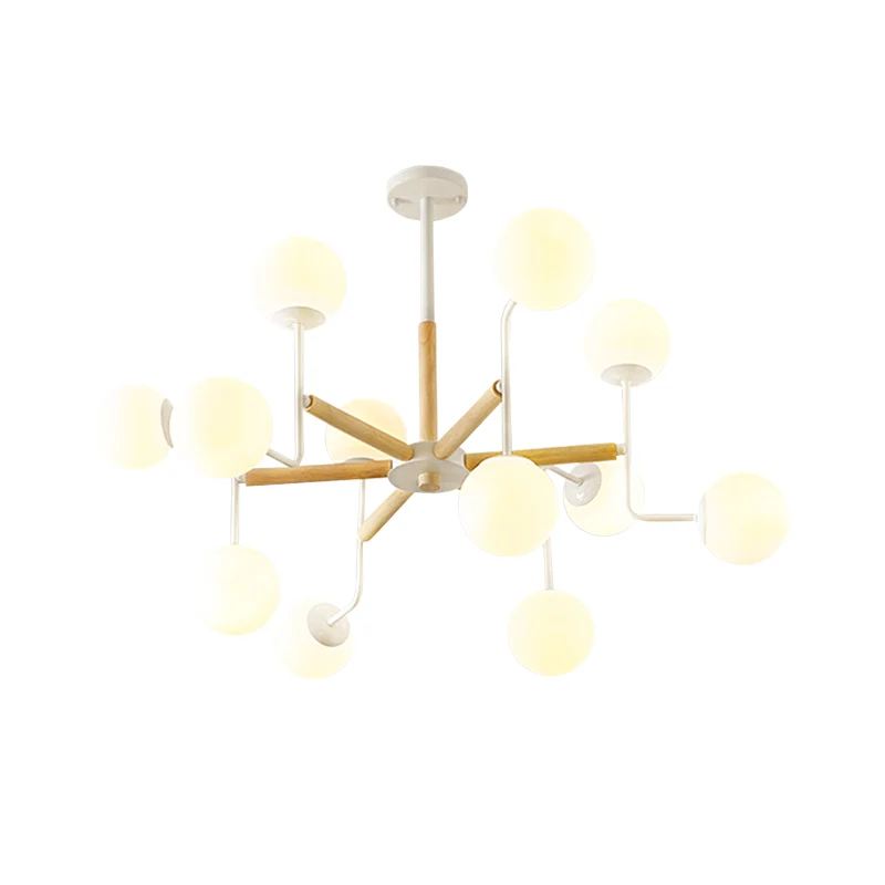 Nordic Starburst Houten Plafondmontage Licht 12 Hoofden Semi Flush Kroonluchter Wit met Bal Melkachtige Glazen Kap Clearhalo