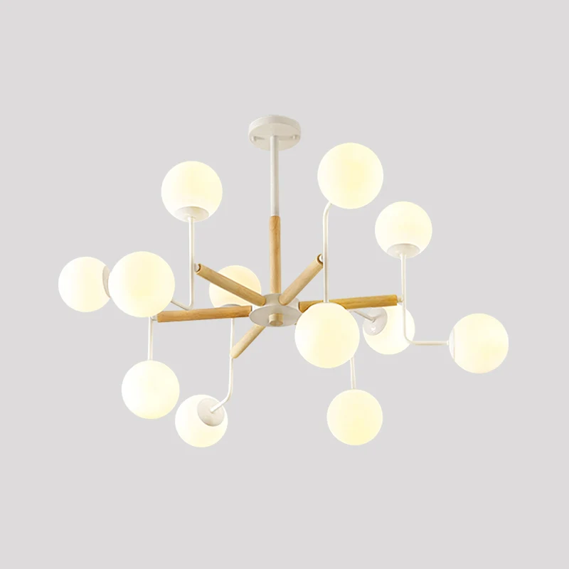 Nordic Starburst Houten Plafondmontage Licht 12 Hoofden Semi Flush Kroonluchter Wit met Bal Melkachtige Glazen Kap Clearhalo