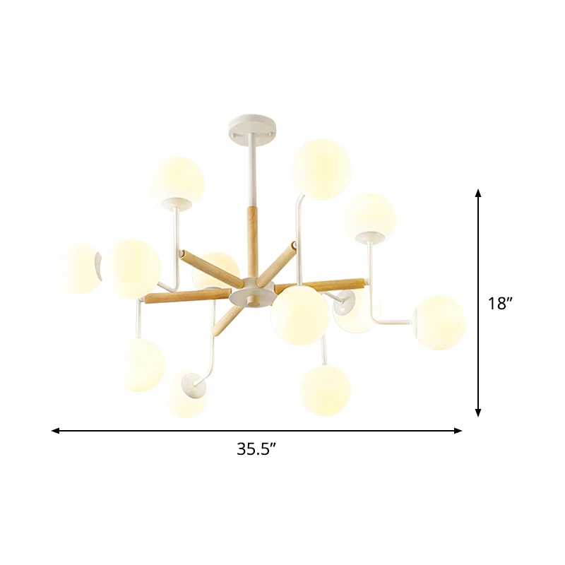 Nordic Starburst Houten Plafondmontage Licht 12 Hoofden Semi Flush Kroonluchter Wit met Bal Melkachtige Glazen Kap Clearhalo