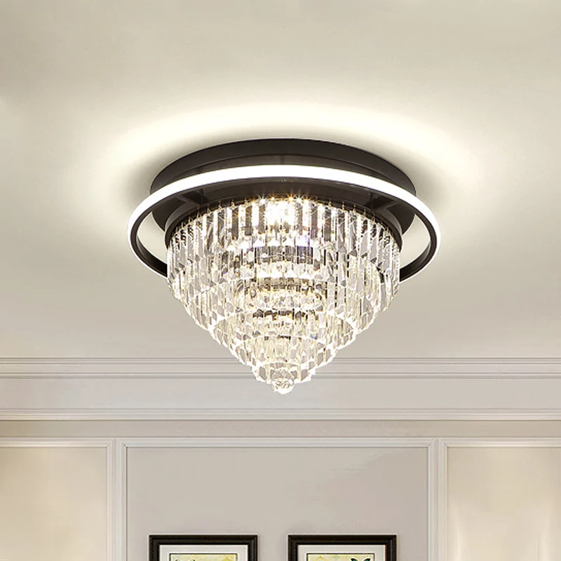 Omgekeerde kegel slaapkamer inbouwlamp Eenvoudig kristallen prisma Zwarte LED dichtbij plafondlamp met Halo-ring Clearhalo