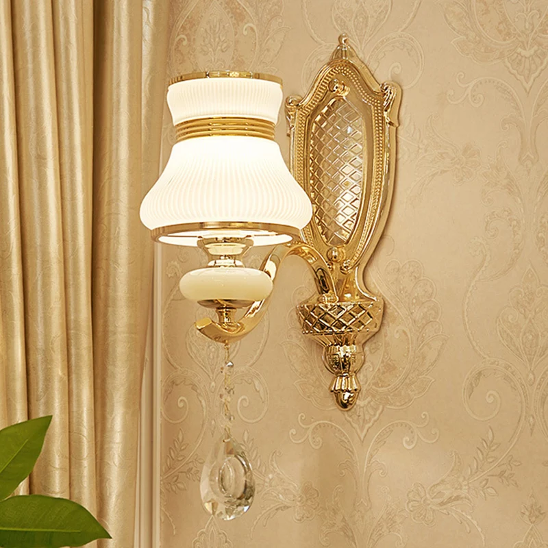 Opaal glazen bel wandlamp retro 1/2 lampen hal LED wandkandelaar verlichting messing met heldere kristallen druppel Clearhalo