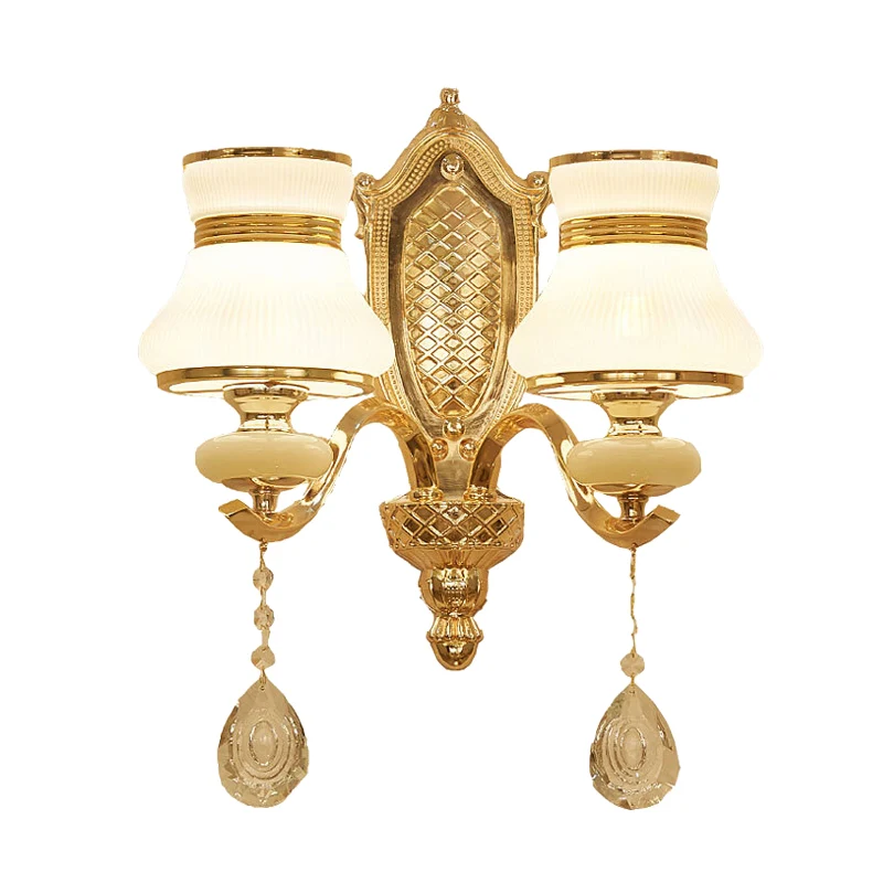 Opaal glazen bel wandlamp retro 1/2 lampen hal LED wandkandelaar verlichting messing met heldere kristallen druppel Clearhalo