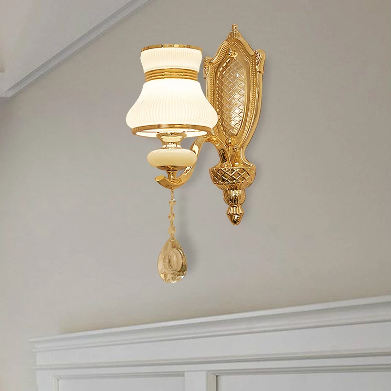 Opaal glazen bel wandlamp retro 1/2 lampen hal LED wandkandelaar verlichting messing met heldere kristallen druppel Clearhalo