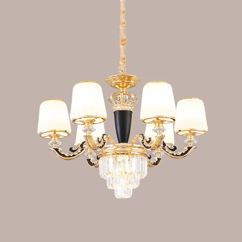 Opaal glazen kegel hangende hanger midden van de eeuw 6 hoofden slaapkamerkroonluchter zwart en goud met kristallen decor...