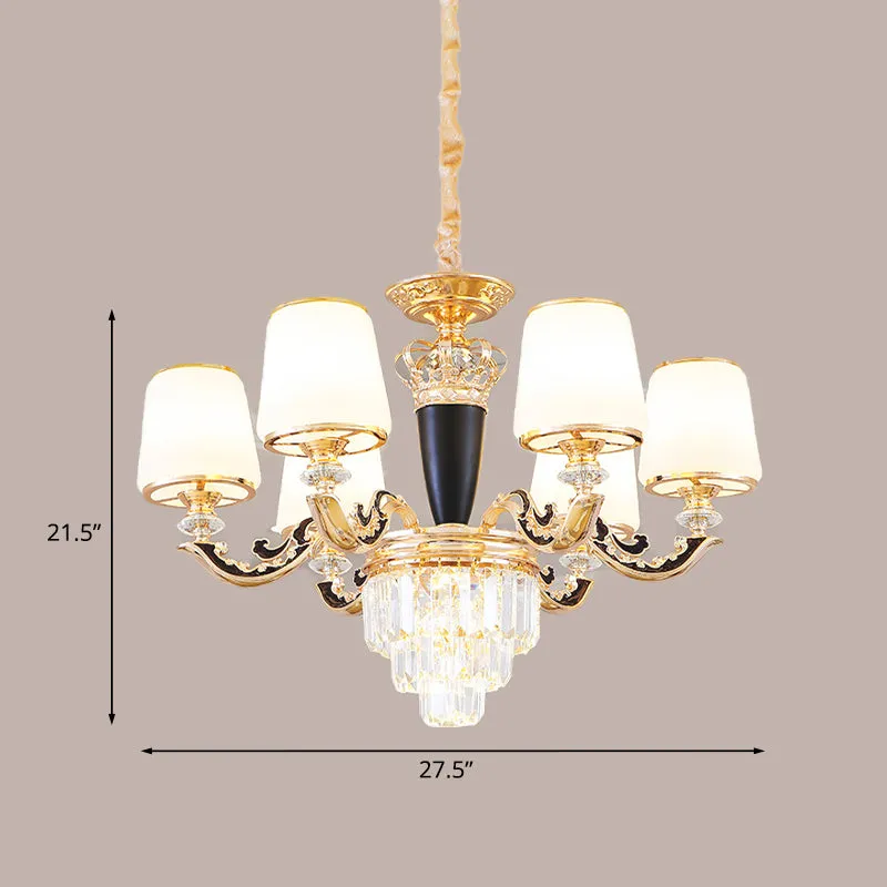 Opaal glazen kegel hangende hanger midden van de eeuw 6 hoofden slaapkamerkroonluchter zwart en goud met kristallen decor...