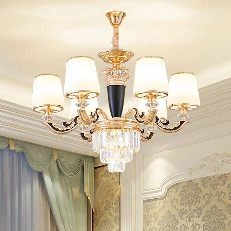 Opaal glazen kegel hangende hanger midden van de eeuw 6 hoofden slaapkamerkroonluchter zwart en goud met kristallen decor...