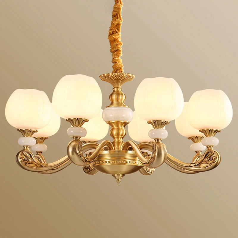 Opaal glazen knop hangende kroonluchter moderne stijl messing ophangverlichting met gebogen arm Clearhalo