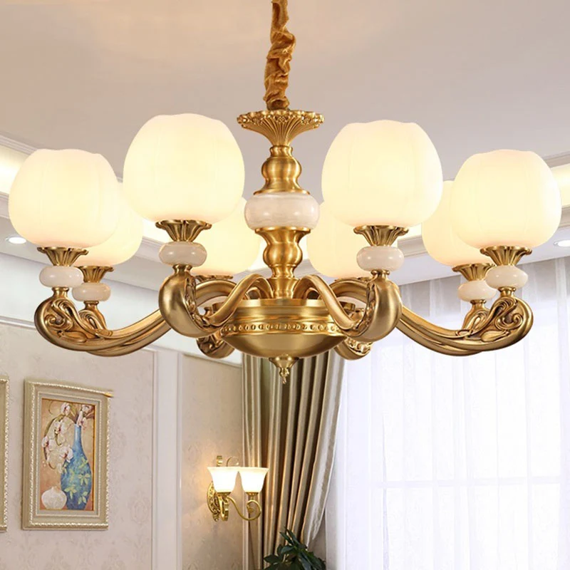 Opaal glazen knop hangende kroonluchter moderne stijl messing ophangverlichting met gebogen arm Clearhalo