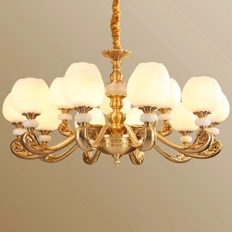 Opaal glazen knop hangende kroonluchter moderne stijl messing ophangverlichting met gebogen arm Clearhalo