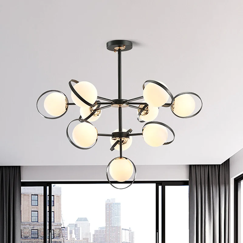 Opaalglas 3-laags Modo hanglamp Moderne hangende kroonluchter met 10 koppen zwart met ringdetail Clearhalo