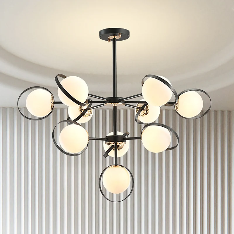 Opaalglas 3-laags Modo hanglamp Moderne hangende kroonluchter met 10 koppen zwart met ringdetail Clearhalo