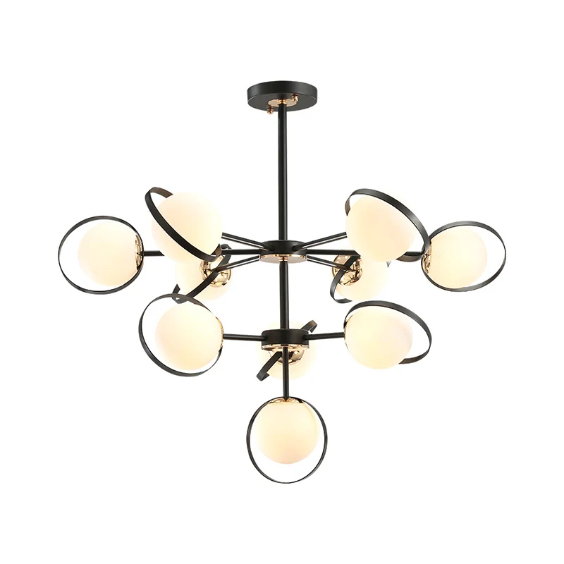 Opaalglas 3-laags Modo hanglamp Moderne hangende kroonluchter met 10 koppen zwart met ringdetail Clearhalo