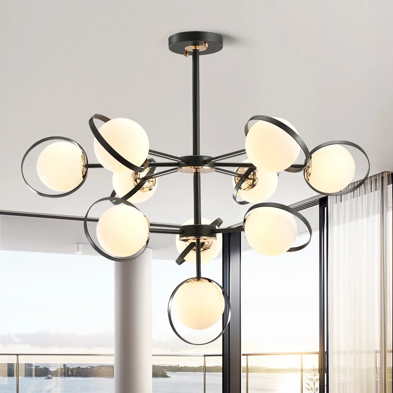Opaalglas 3-laags Modo hanglamp Moderne hangende kroonluchter met 10 koppen zwart met ringdetail Clearhalo