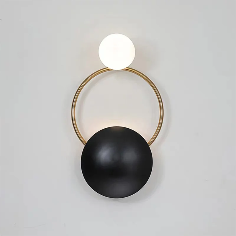 Opaline glazen wandlamp met 2 lampen, vintage stijl, zwarte bol, slaapkamerwandkandelaar met ronde achterplaat Clearhalo