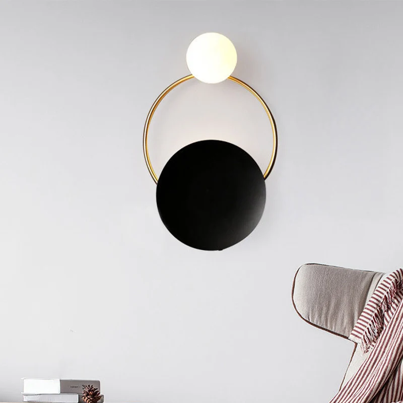 Opaline glazen wandlamp met 2 lampen, vintage stijl, zwarte bol, slaapkamerwandkandelaar met ronde achterplaat Clearhalo