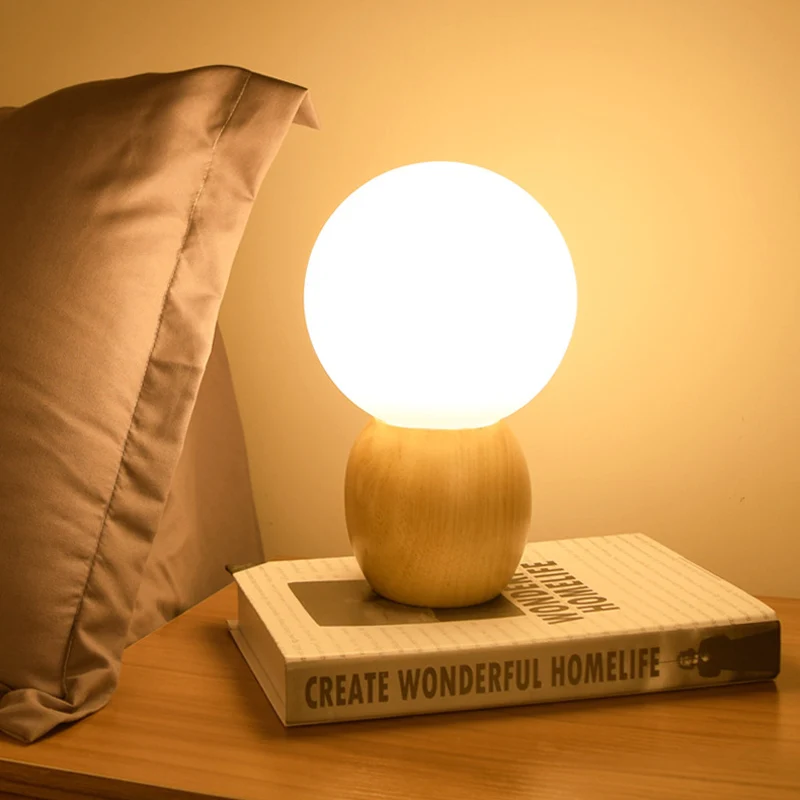 Orb Nachtkastje Lamp Matglas 1 Kop Minimalistische Nachtverlichting met Houten Basis Clearhalo