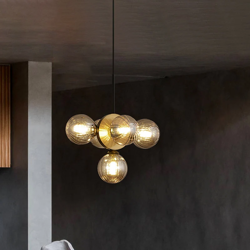 Orbs Restaurant Kroonluchter Hanglamp Wit/Amber Glas 5 Lichten Mid Century Plafond Hanglamp met Burst Design Clearhalo