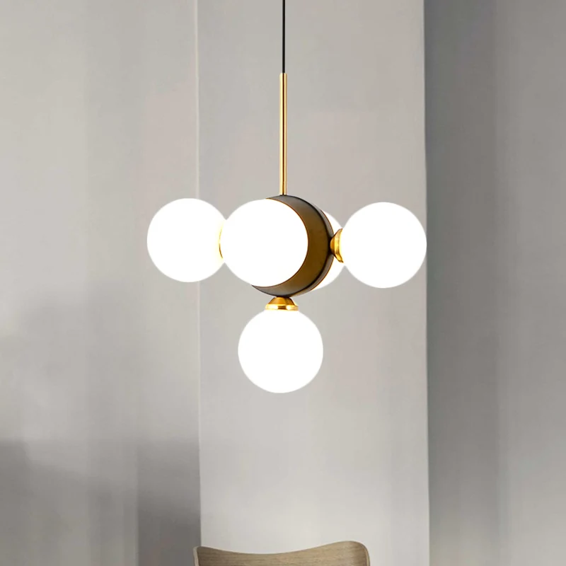 Orbs Restaurant Kroonluchter Hanglamp Wit/Amber Glas 5 Lichten Mid Century Plafond Hanglamp met Burst Design Clearhalo