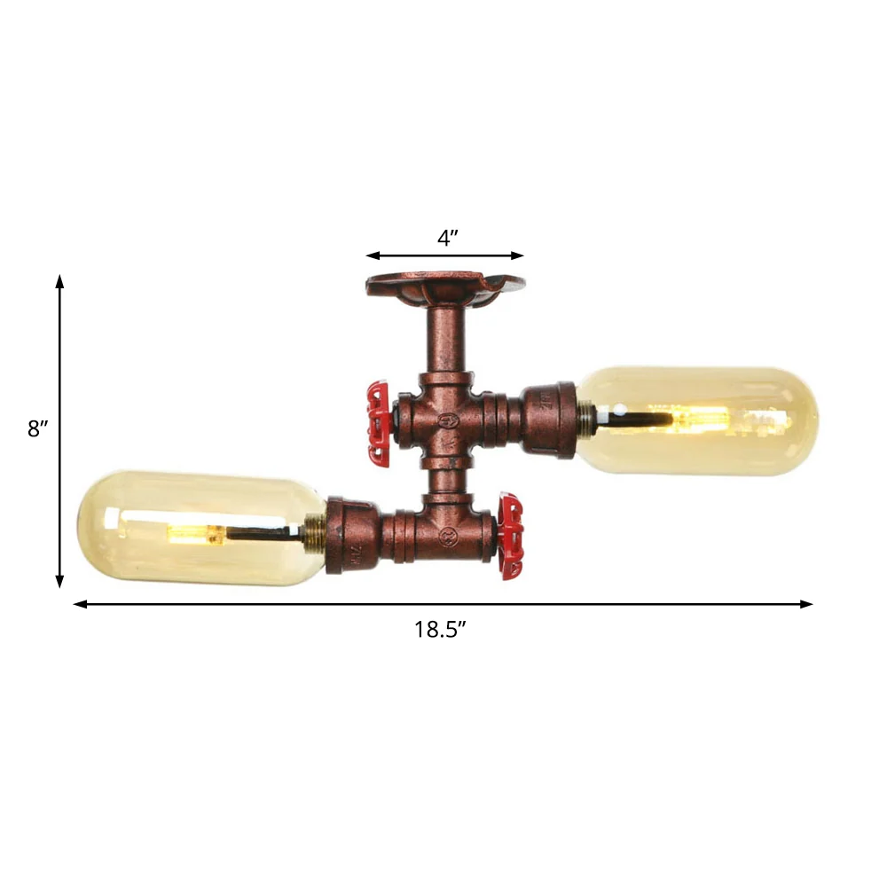 Ovale kap Amberglas Semi-gemonteerde verlichting Rustieke stijl 2 lampen Keukenplafondlamp verweerd koper met pijpontwerp...