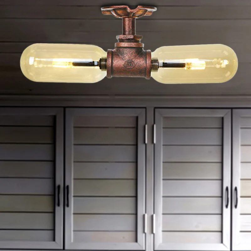 Ovale kap Amberglas Semi-gemonteerde verlichting Rustieke stijl 2 lampen Keukenplafondlamp verweerd koper met pijpontwerp...