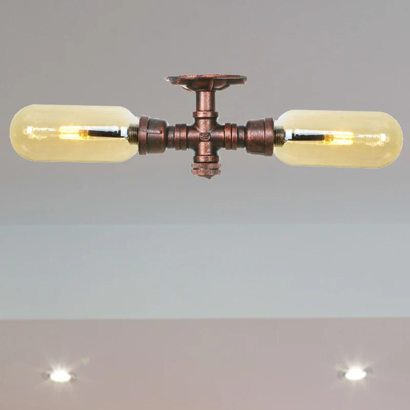 Ovale kap Amberglas Semi-gemonteerde verlichting Rustieke stijl 2 lampen Keukenplafondlamp verweerd koper met pijpontwerp...