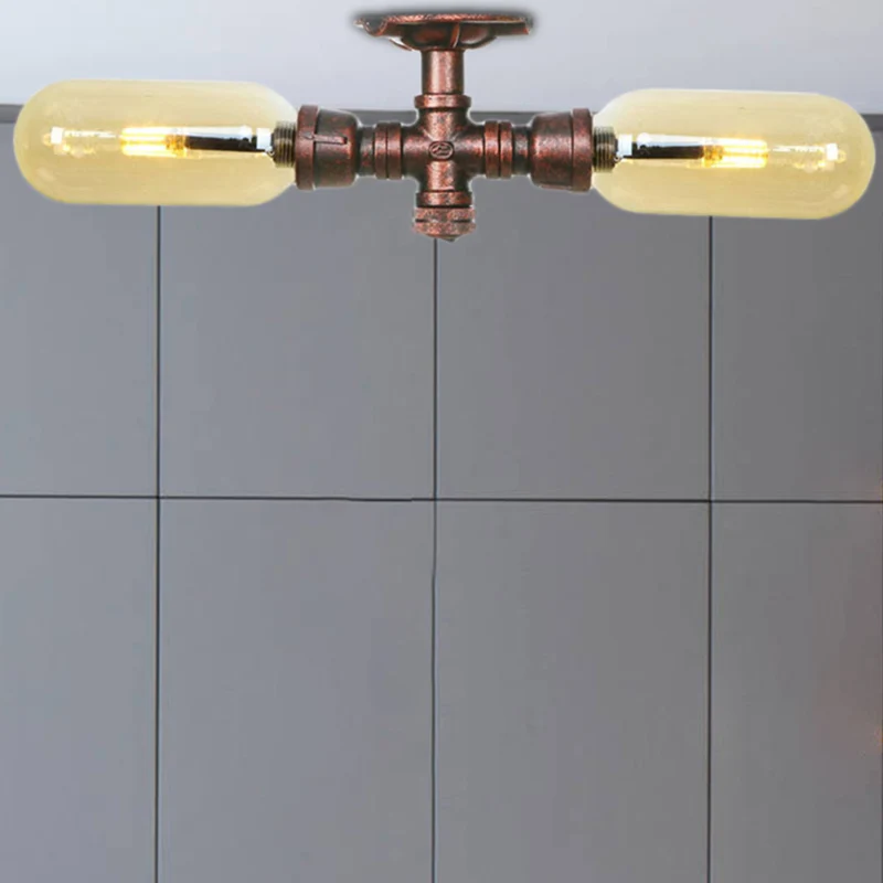Ovale kap Amberglas Semi-gemonteerde verlichting Rustieke stijl 2 lampen Keukenplafondlamp verweerd koper met pijpontwerp...