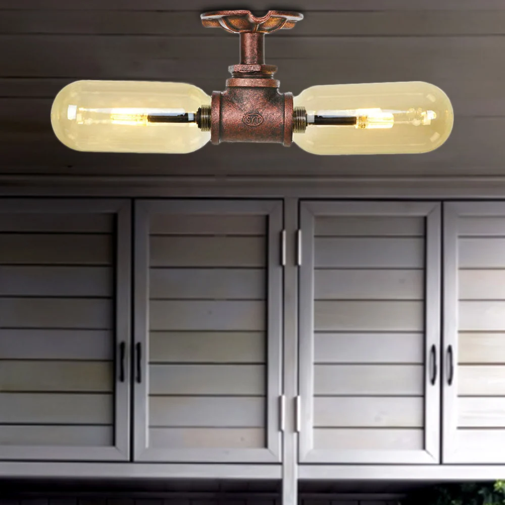 Ovale kap Amberglas Semi-gemonteerde verlichting Rustieke stijl 2 lampen Keukenplafondlamp verweerd koper met pijpontwerp...