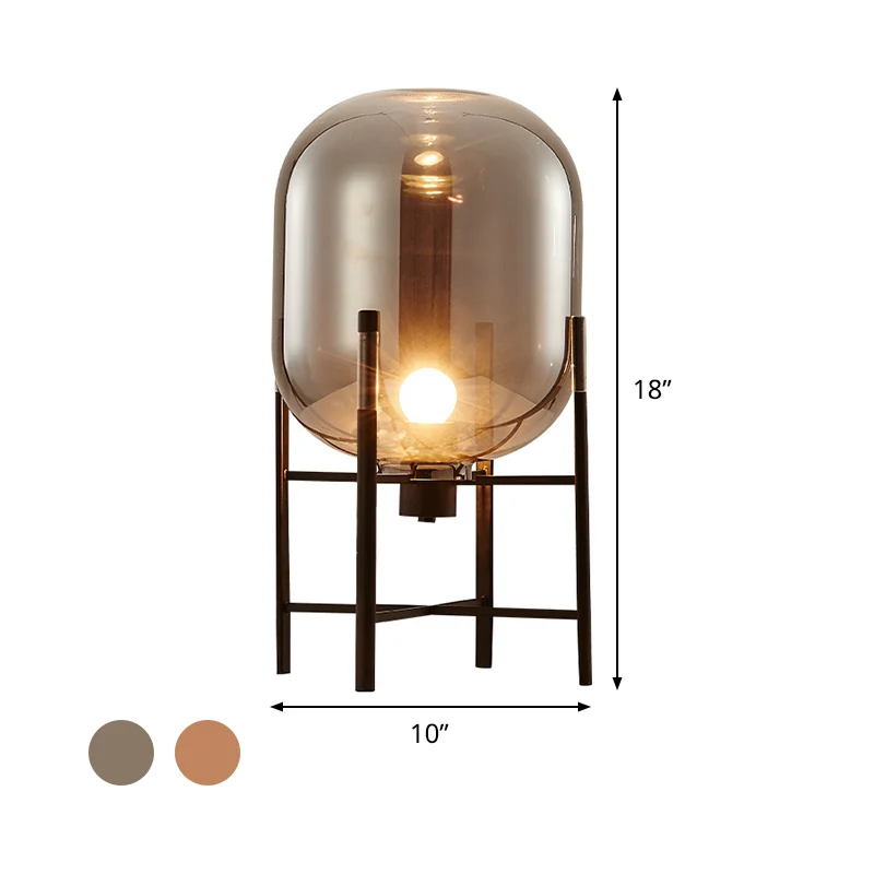 Ovale nachtverlichting Moderne rookgrijs/cognac glazen kap 1-lichts restaurantnachtkastjelamp met verticale metalen voet C...