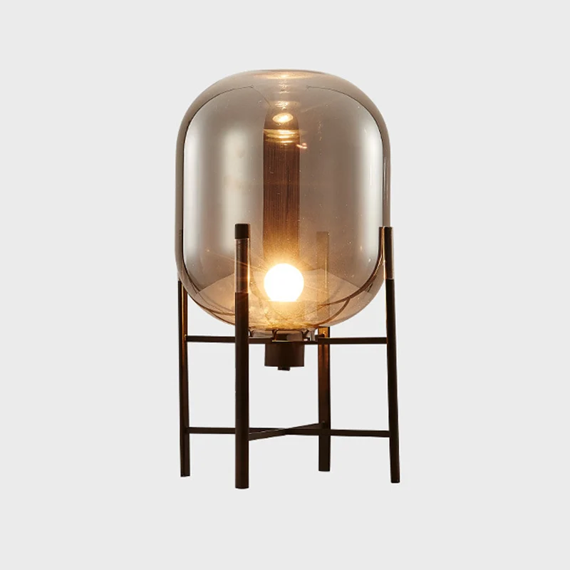 Ovale nachtverlichting Moderne rookgrijs/cognac glazen kap 1-lichts restaurantnachtkastjelamp met verticale metalen voet C...