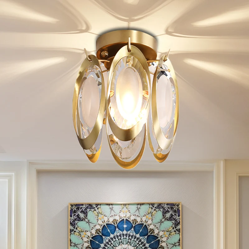 Ovale plafondlamp van metaal en kristal Modern 1-lichts messing semi-inbouwlamp Clearhalo