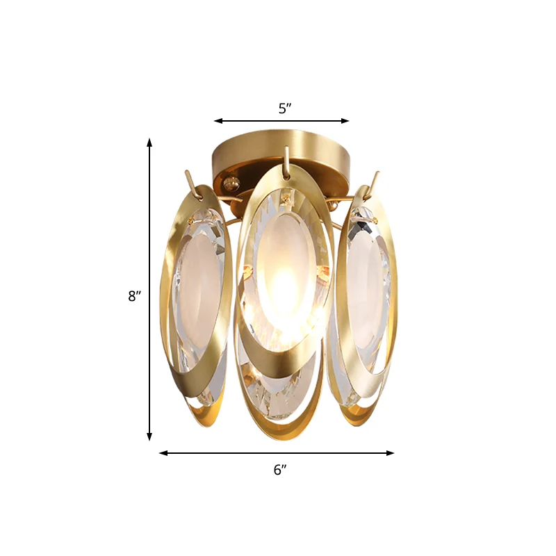 Ovale plafondlamp van metaal en kristal Modern 1-lichts messing semi-inbouwlamp Clearhalo